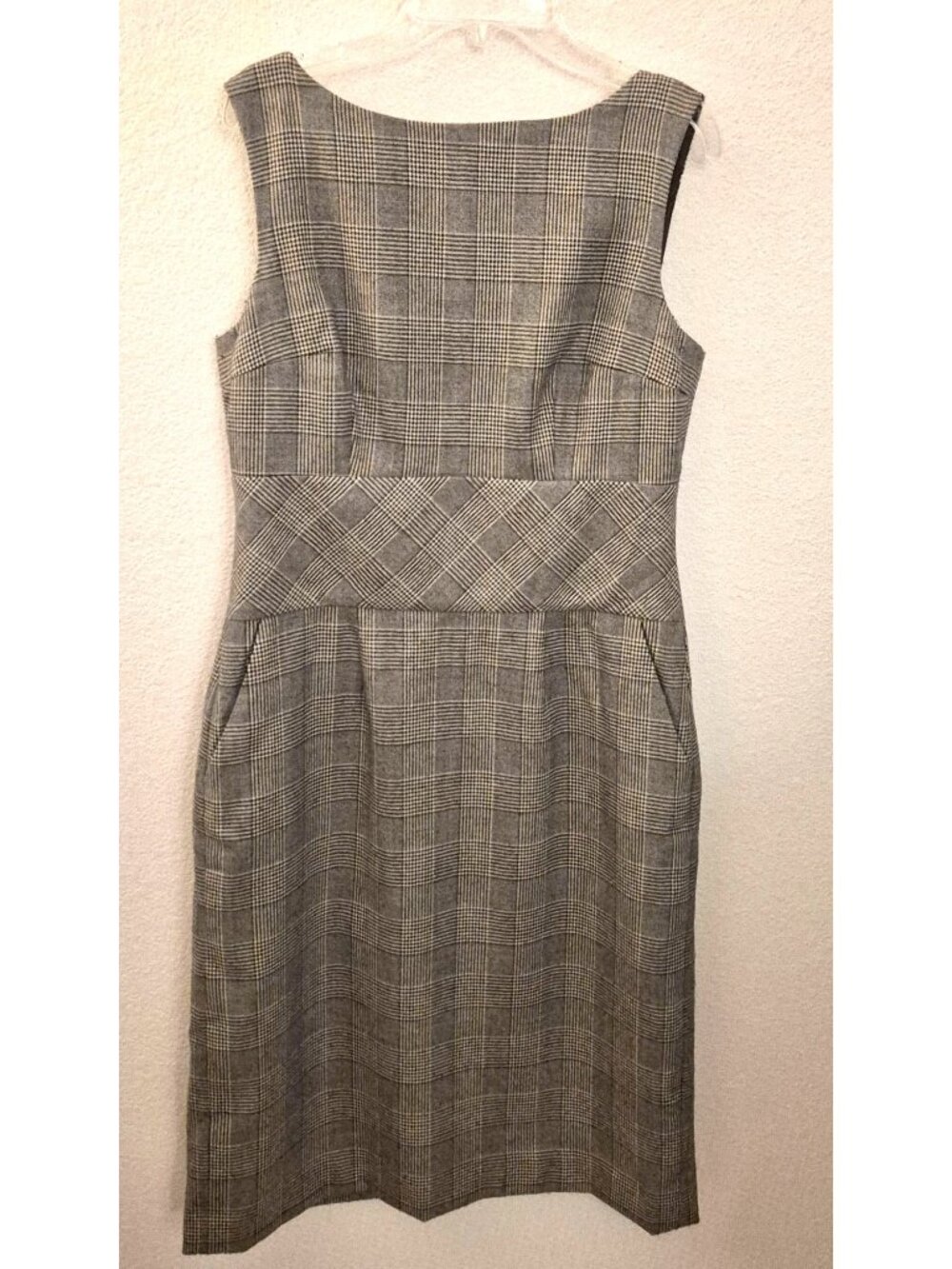 Banana Republic Glen Plaid Black/White Wool Blend Fully Lined Midi Dress Sz 6 EU
